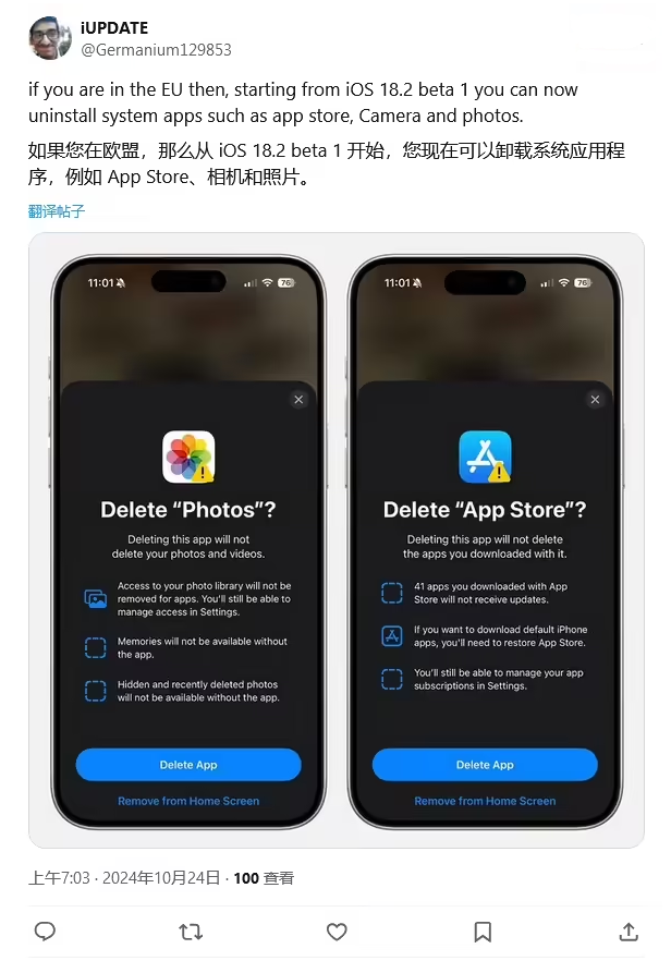 郸城苹果手机维修分享iOS 18.2 支持删除 App Store 应用商店 