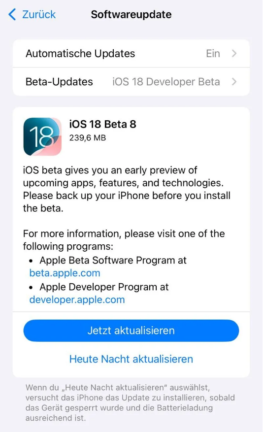 郸城苹果手机维修分享苹果 iOS / iPadOS 18 开发者预览版 Beta 8 发布 